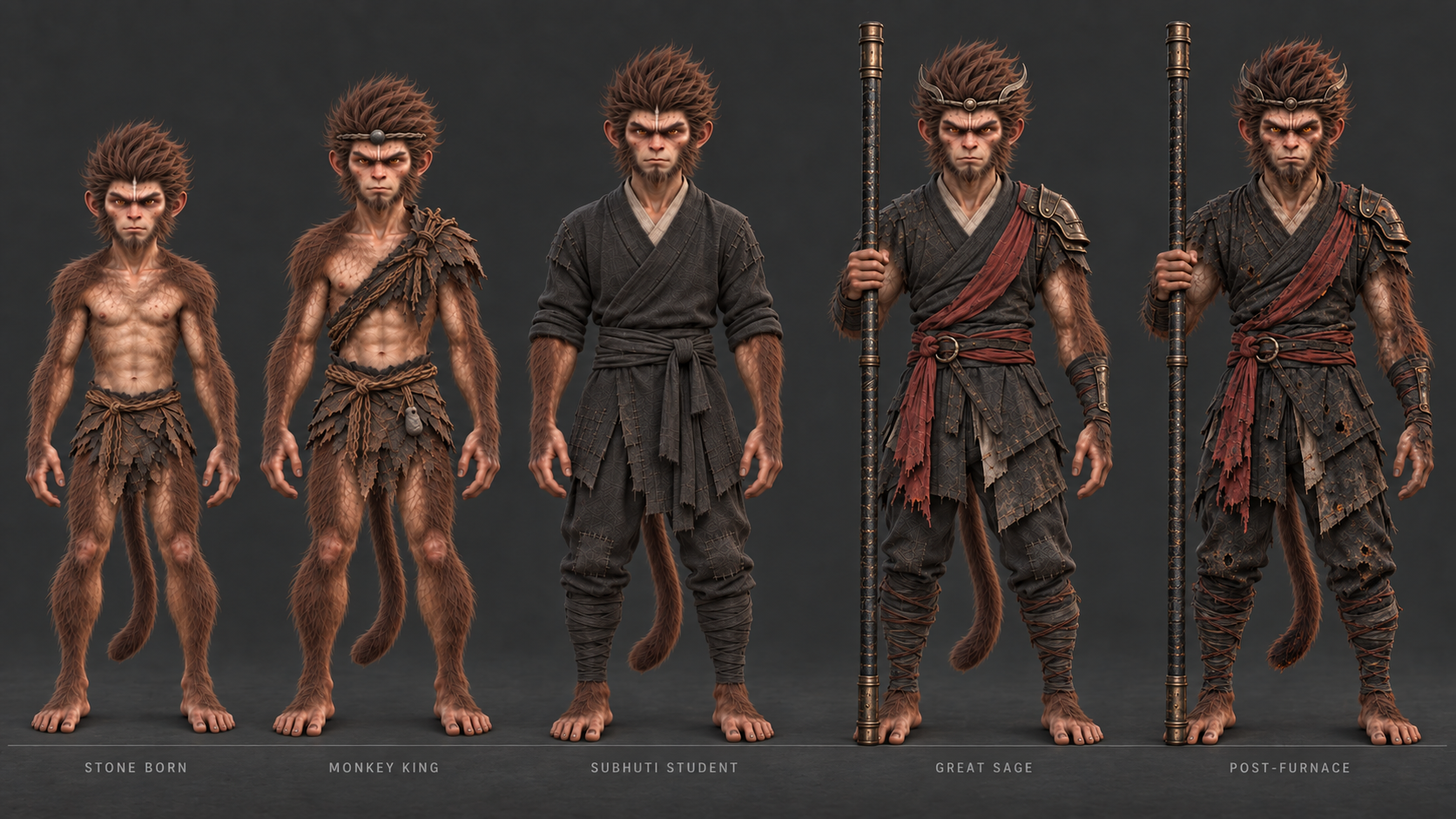 Sun Wukong 5-Stage Evolution Lineup: Stone-Born, Monkey King, Subhuti Student, Great Sage, Post-Furnace